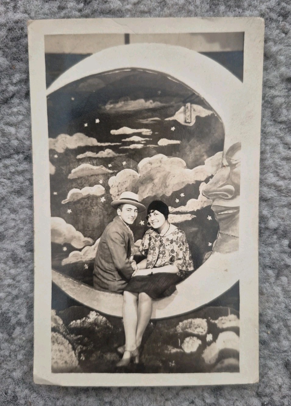 Vintage 1920s Paper Moon RPPC Postcard Couple Crescent Moon Studio Photo...
