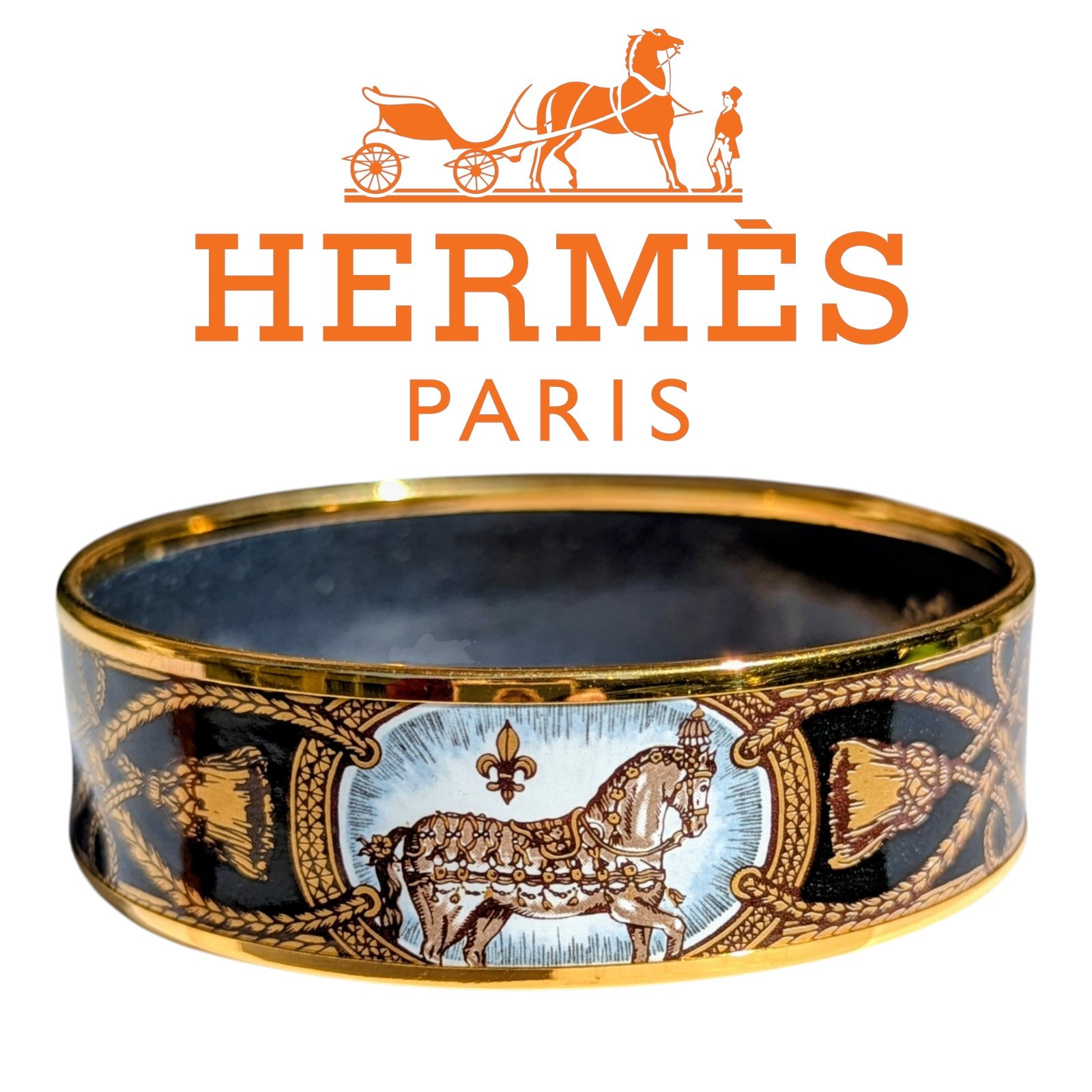 Hermès Enamel Bangle Cheval Grand Apparat Gold Vintage w/Box Hermès Enamel Bangle Cheval Grand Apparat Gold Vintage w/Box