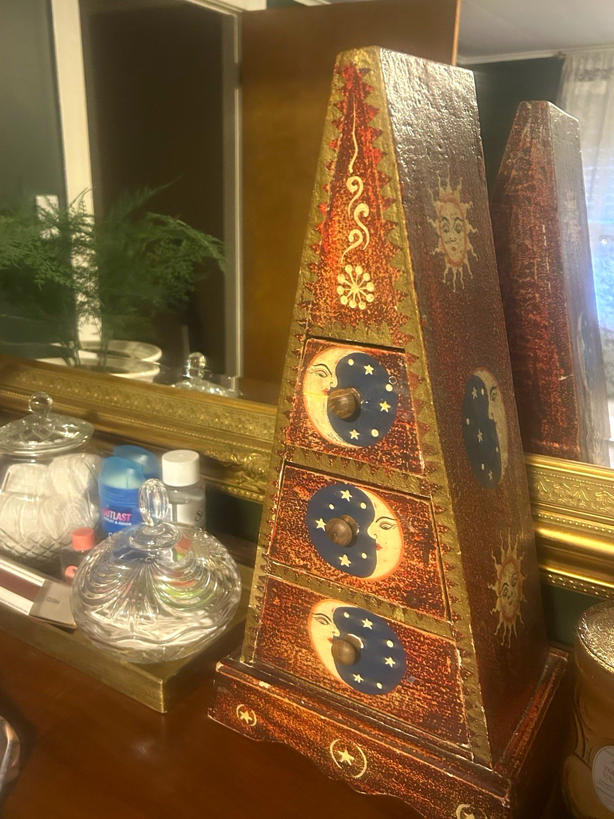 Vintage Hand Painted Wood Pyramid Triangular Organizer Sun Moon Stars Design Vintage Hand Painted Wood Pyramid Triangular Organizer Sun Moon Stars Design