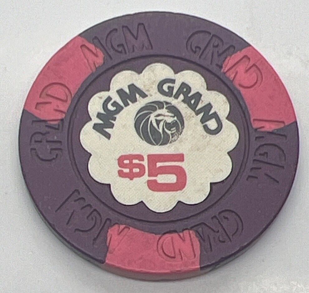 MGM Grand $5 Casino Poker Chip - House Mold Maroon Pink 1980s