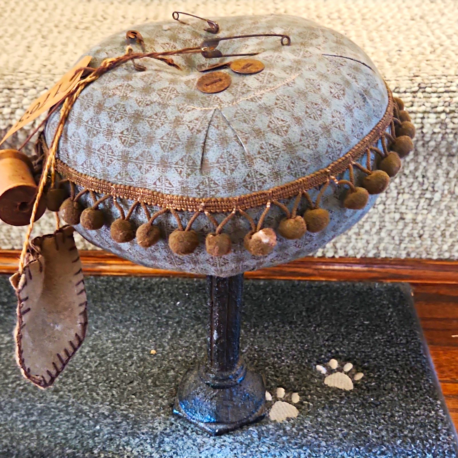 Primitive Handmade Makedo Pin Cushion On Pedstal