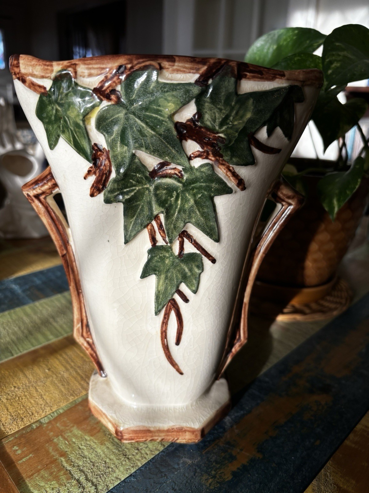 Vintage McCoy USA Art Pottery Ivy Vase Ivory Dark Green Brown 50's Vintage McCoy USA Art Pottery Ivy Vase Ivory Dark Green Brown 50's