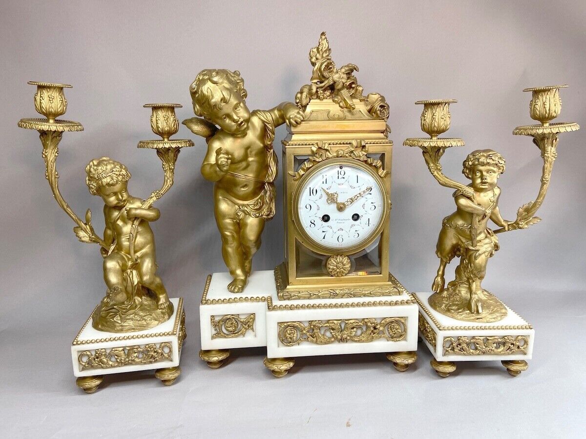 French Louis XVI Mantle Clock Set With Two Candelabras, Marble and Bronze 1900