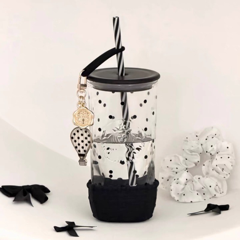 Starbucks China 2026 Retro Black Polka Dot 18oz Glass Straw Cup w/ Charm