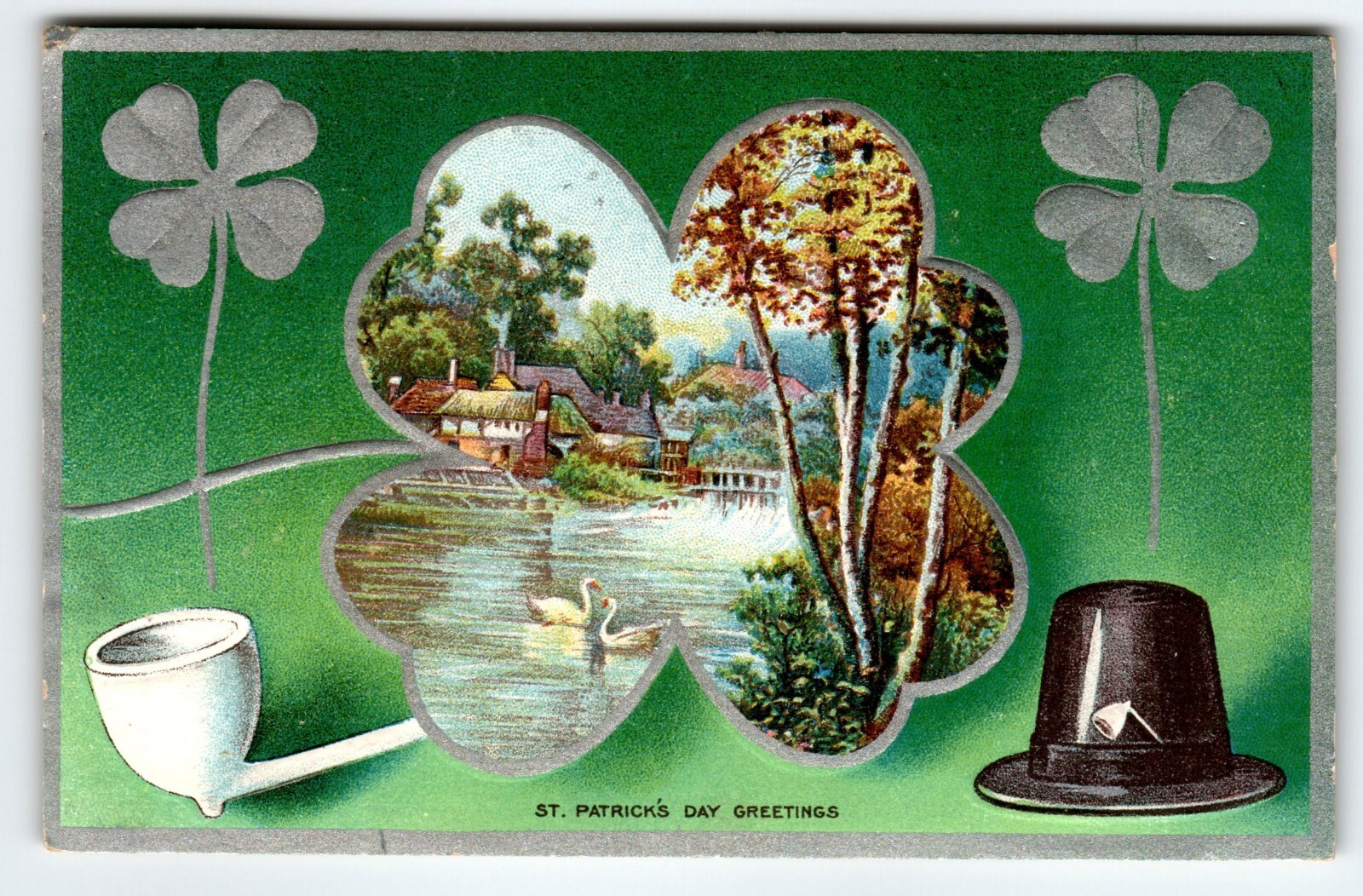 St Patrick's Day Postcard Irish Greetings Pipe Hat Ducks Pond Embossed 1910 AMP St Patrick's Day Postcard Irish Greetings Pipe Hat Ducks Pond Embossed 1910 AMP