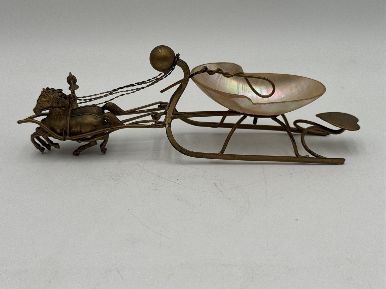 Antique French Palais Royal Mother of Pearl Half Shell Sled Pulled By Horses Antique French Palais Royal Mother of Pearl Half Shell Sled Pulled By Horses