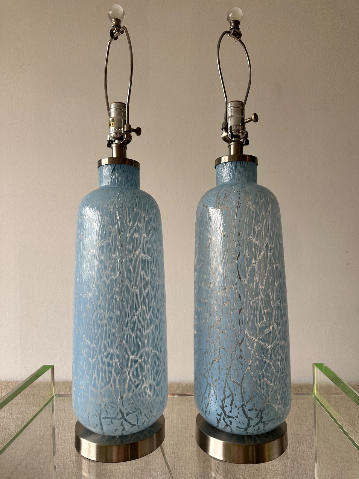 Pair Vintage Blue Textured Art Glass Table Lamps 27" Mid Century Modern