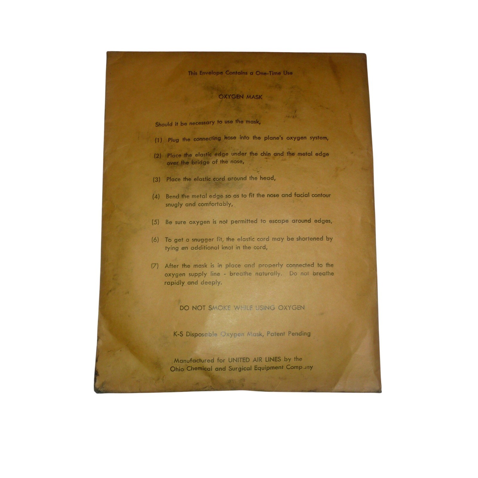 Vintage United Air Lines Emergency Passenger Oxygen Mask Envelope Ohio Chemical Vintage United Air Lines Emergency Passenger Oxygen Mask Envelope Ohio Chemical