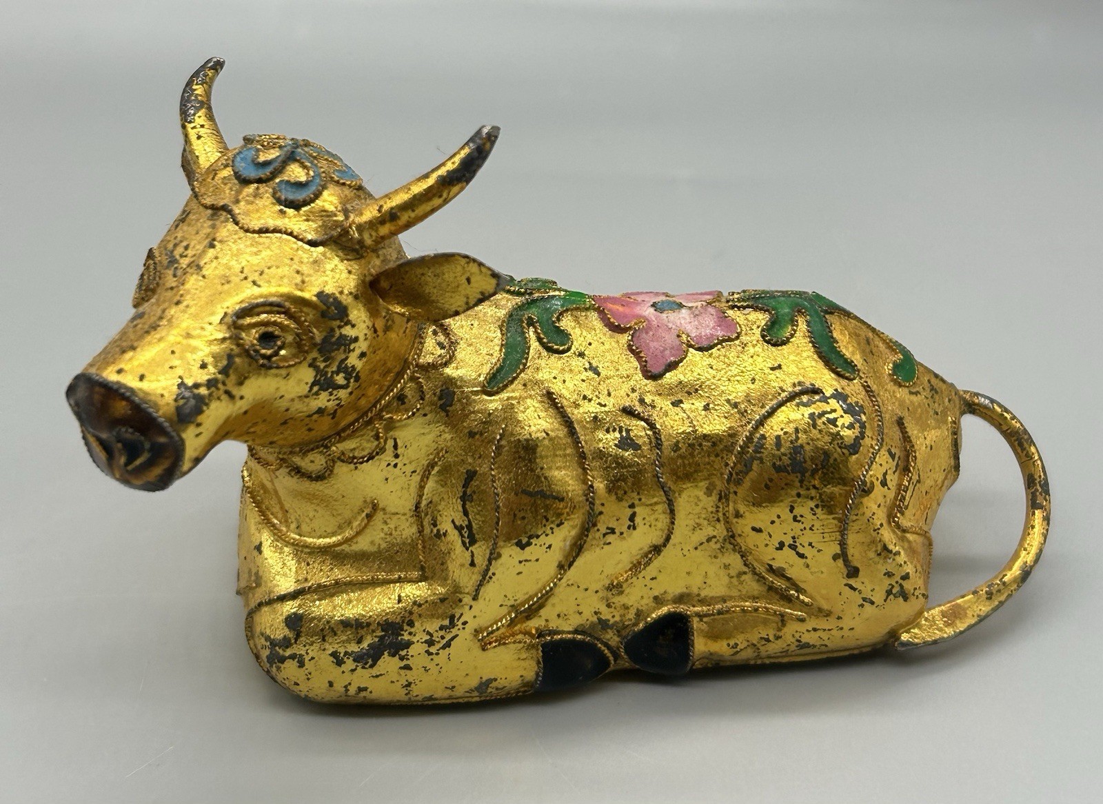 Vintage Gilt Brass Cloisonne Cow Figurine Enamel Floral Filigree with Om Symbol Vintage Gilt Brass Cloisonne Cow Figurine Enamel Floral Filigree with Om Symbol