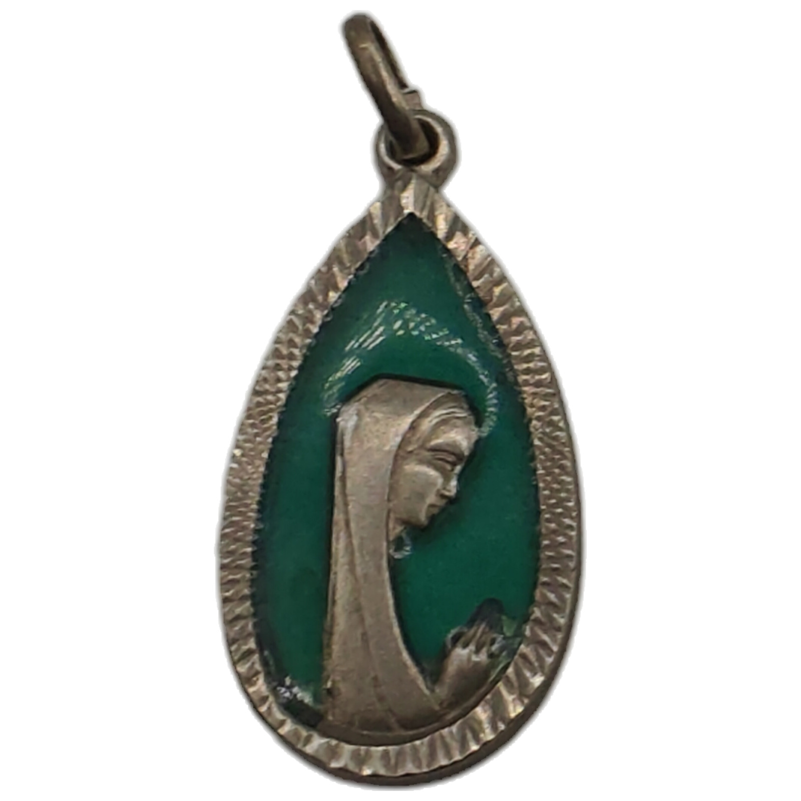 Antique Blessed Mother Pendant Charm Religious Catholic Green Inlay Antique Blessed Mother Pendant Charm Religious Catholic Green Inlay