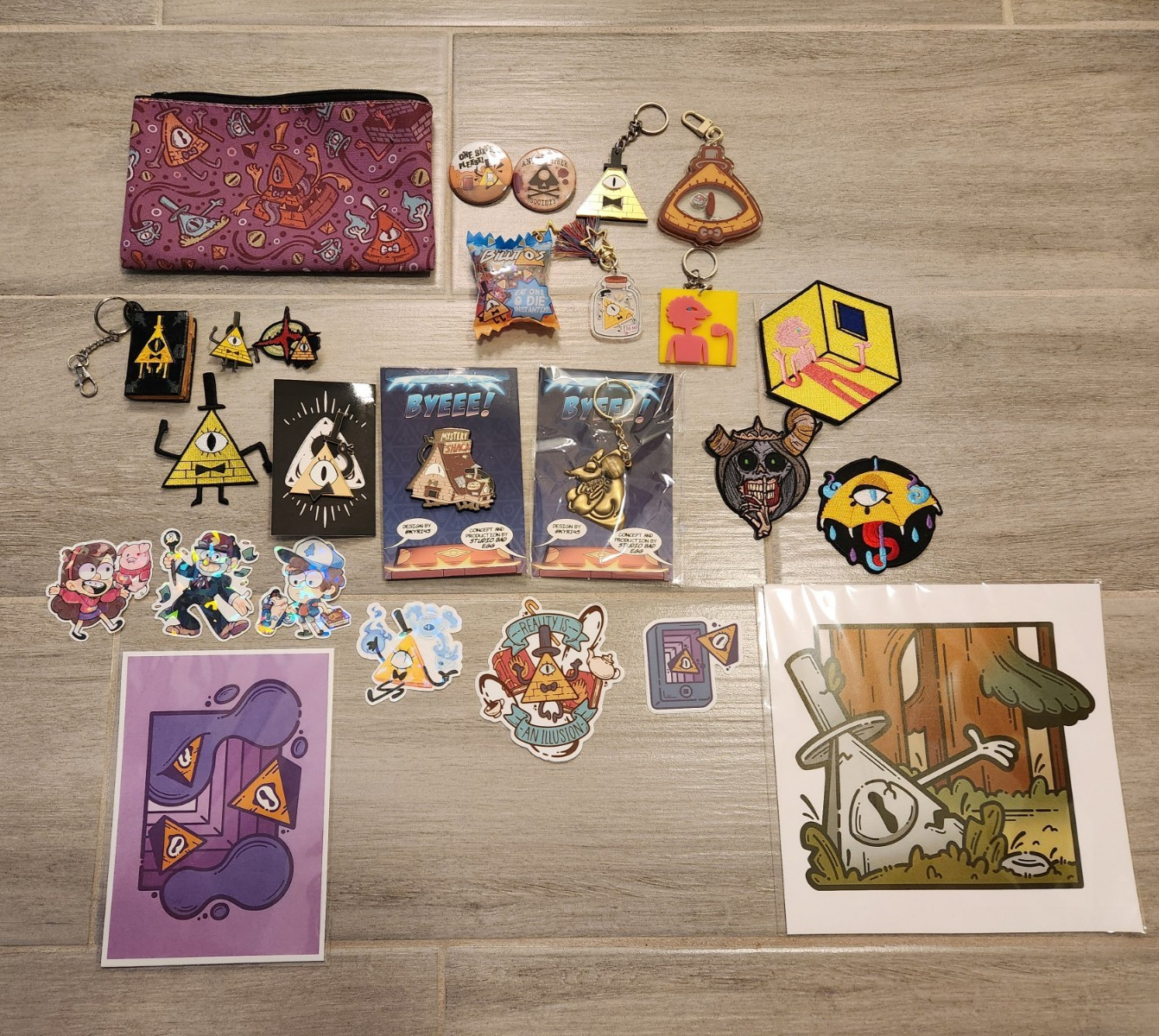 Gravity Falls Bill Cipher Merch Lot - Enamel Pins Keychains Patches Pouch Prints Gravity Falls Bill Cipher Merch Lot - Enamel Pins Keychains Patches Pouch Prints