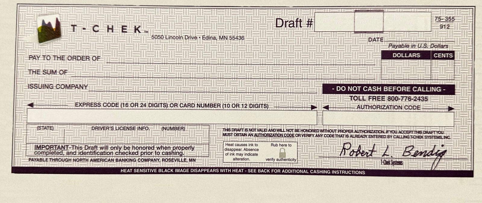 BLANK NEW T Chek CHECKS - 10 Pack *FREE SHIPPING*