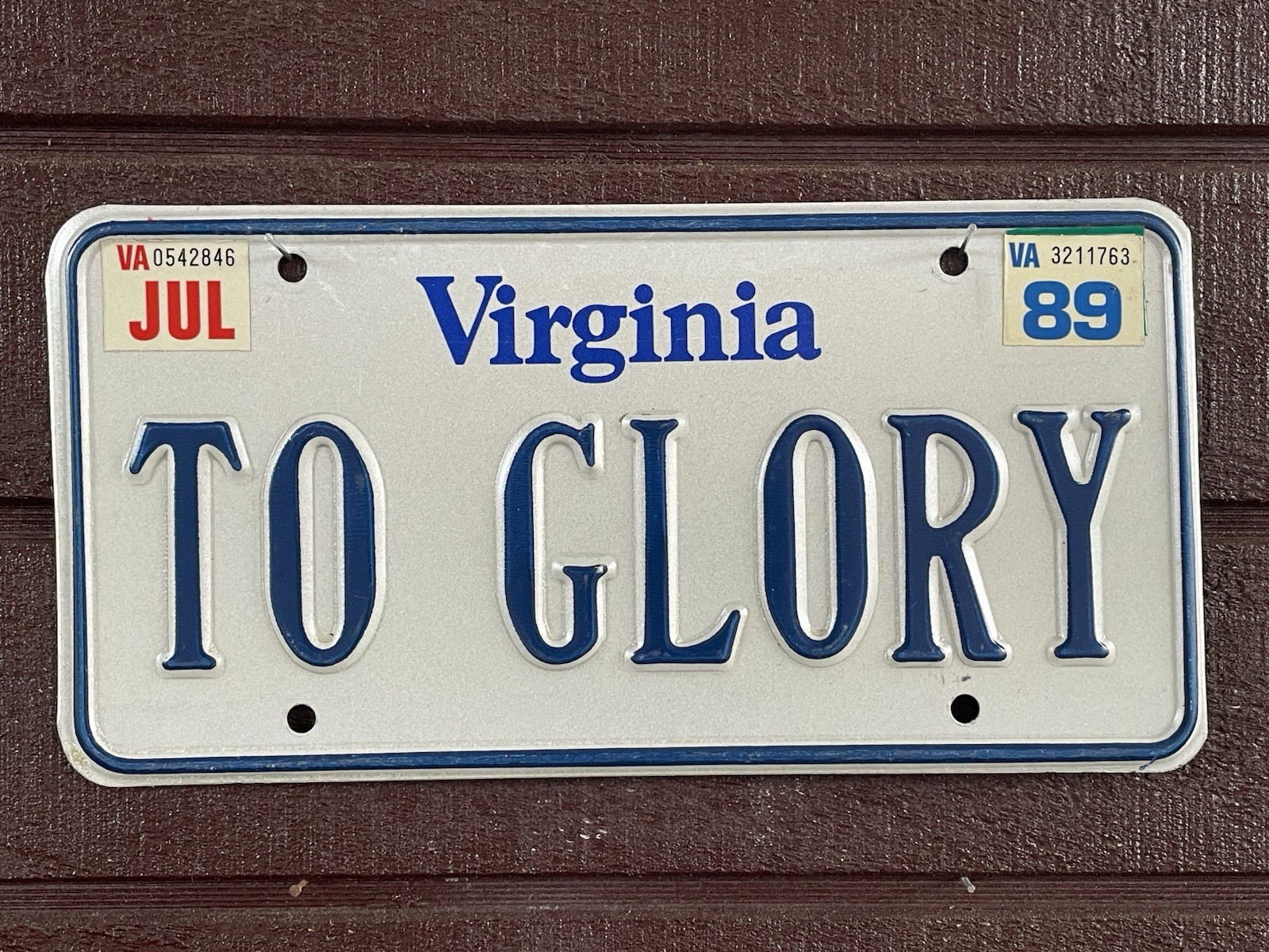 TO GLORY 1989 Virginia Vanity License Plate Car Tag
