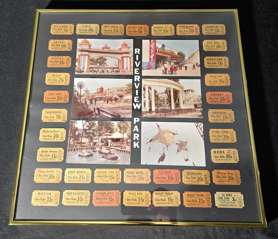 Vintage Riverview Park Chicago Amusement Park Framed Ticket & Photo Display 18" Vintage Riverview Park Chicago Amusement Park Framed Ticket & Photo Display 18"
