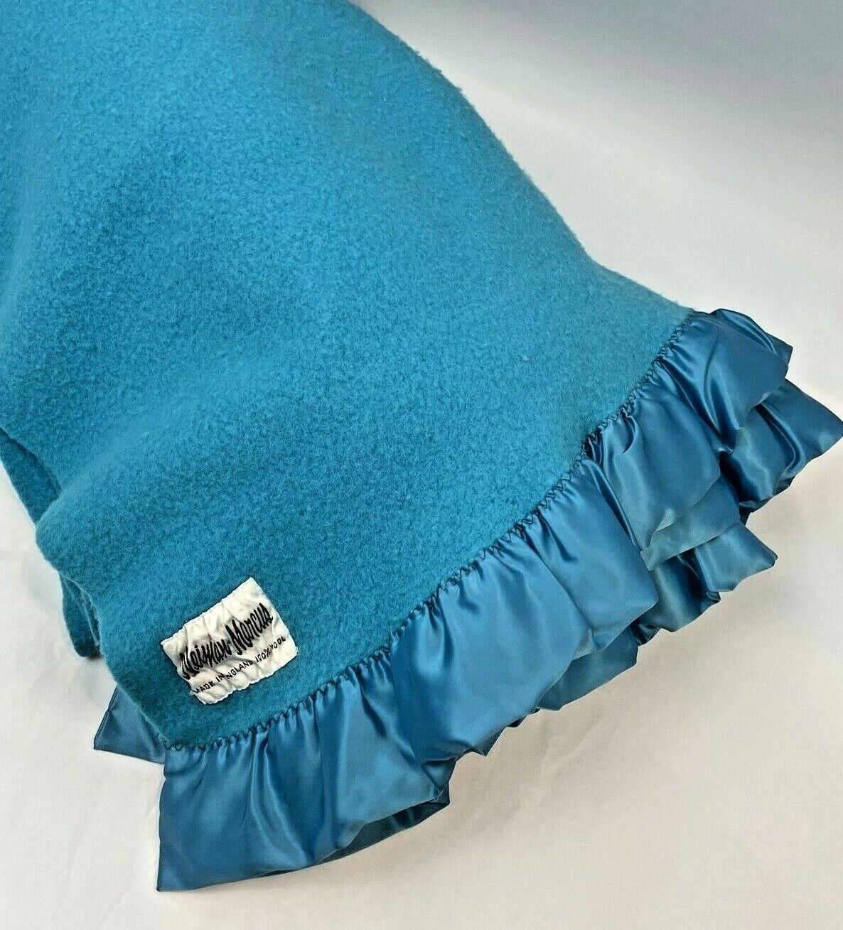 Vintage Neiman Marcus Satin Trim Blanket Italian Wool Turquoise Blue  I02 x 72 