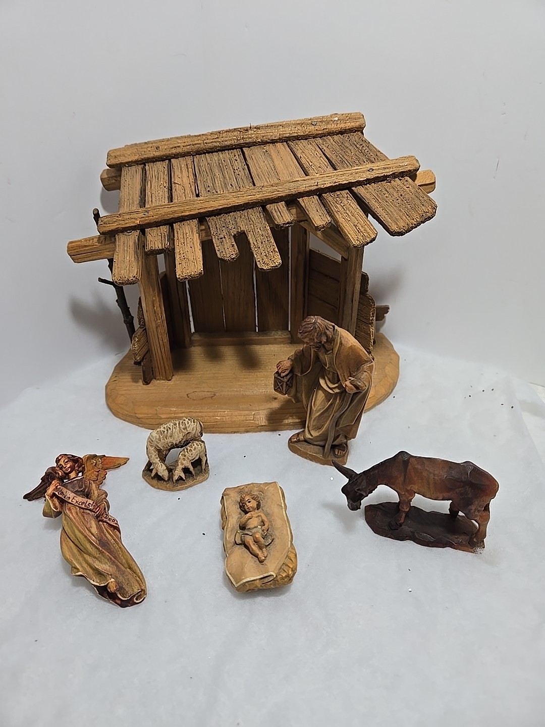 ANRI  Bernardi 4" Italy Wood  Nativity Joseph Jesus Donkey Sheep Angel Manger 