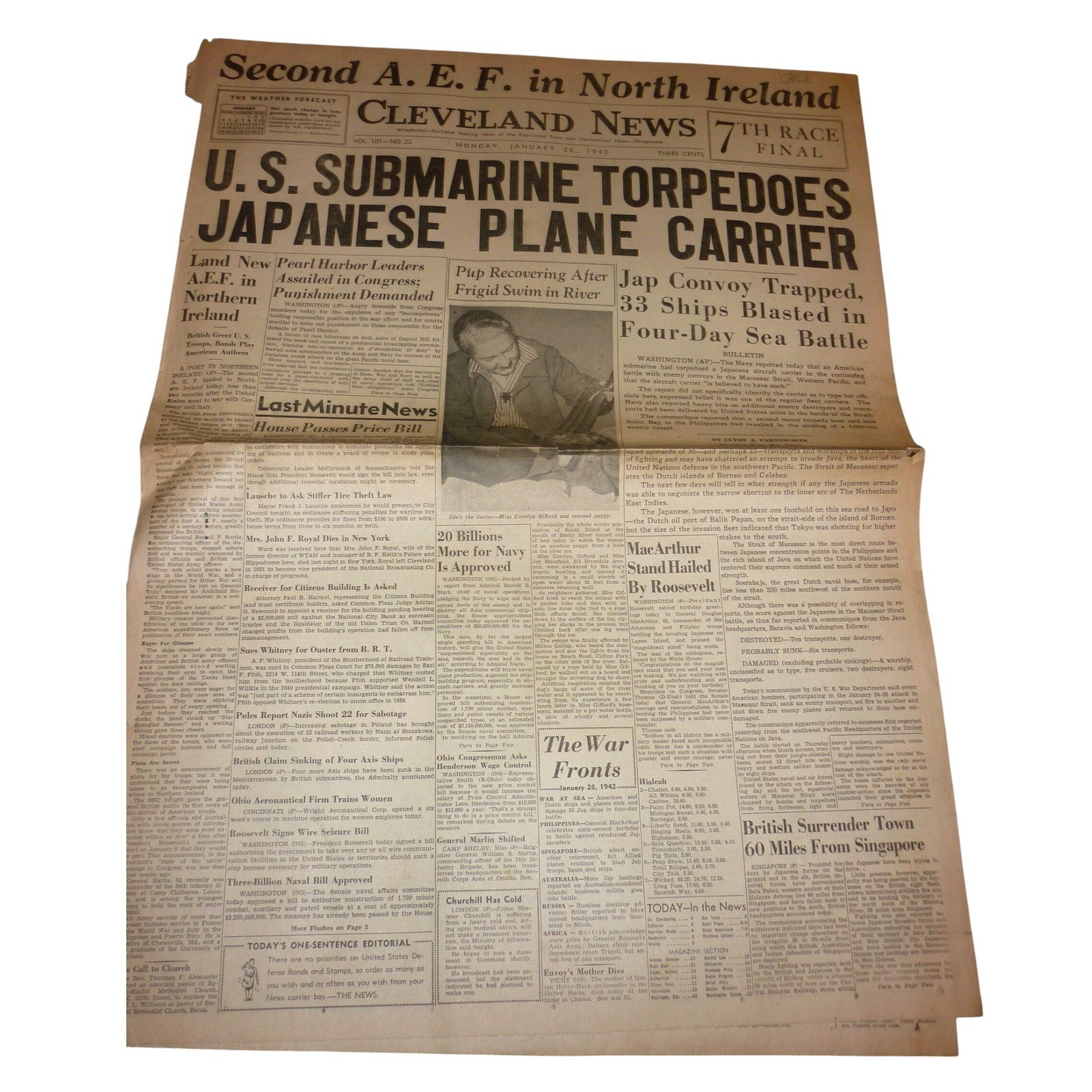 Vintage 1942 Cleveland News Newspaper WWII US Carrier Sub Attack AEF Ireland Vintage 1942 Cleveland News Newspaper WWII US Carrier Sub Attack AEF Ireland