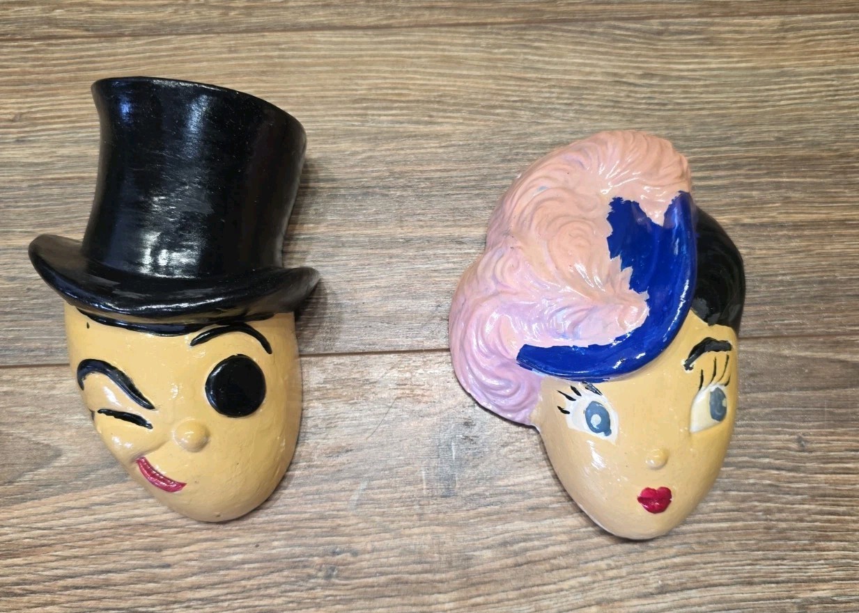 (2) Vintage Roaring 20's Chalkware Wall Hangings Winking Top Hat Man And Lady (2) Vintage Roaring 20's Chalkware Wall Hangings Winking Top Hat Man And Lady