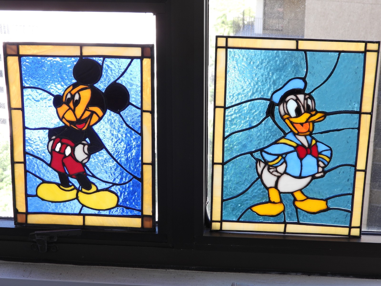 Vintage Disney Donald Duck and Mickey Mouse real stained glass panels 11"x14"
