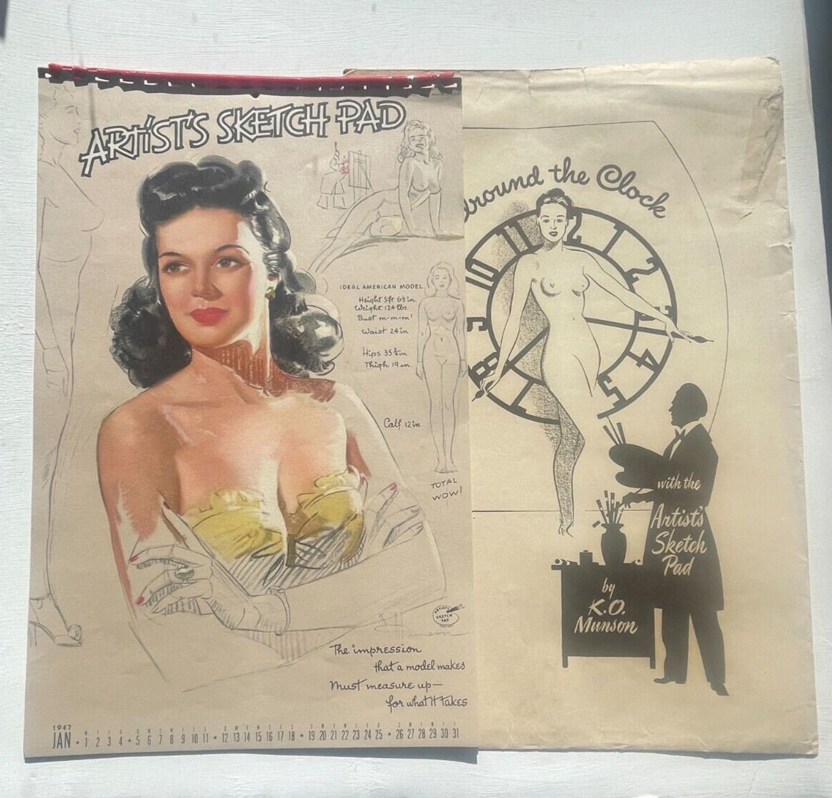 1947 Complete 12 Month Artist Sketch Pad Pinup Girl Calendar by KO Munson & Env