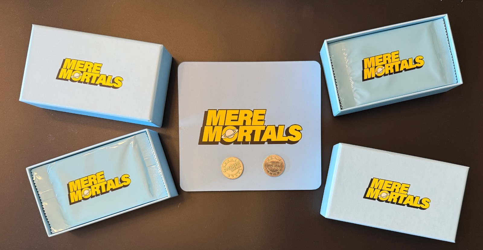 2 Sealed Mere Mortals Boxes + Coins + Chart/Rules – 25 Cards Each Box