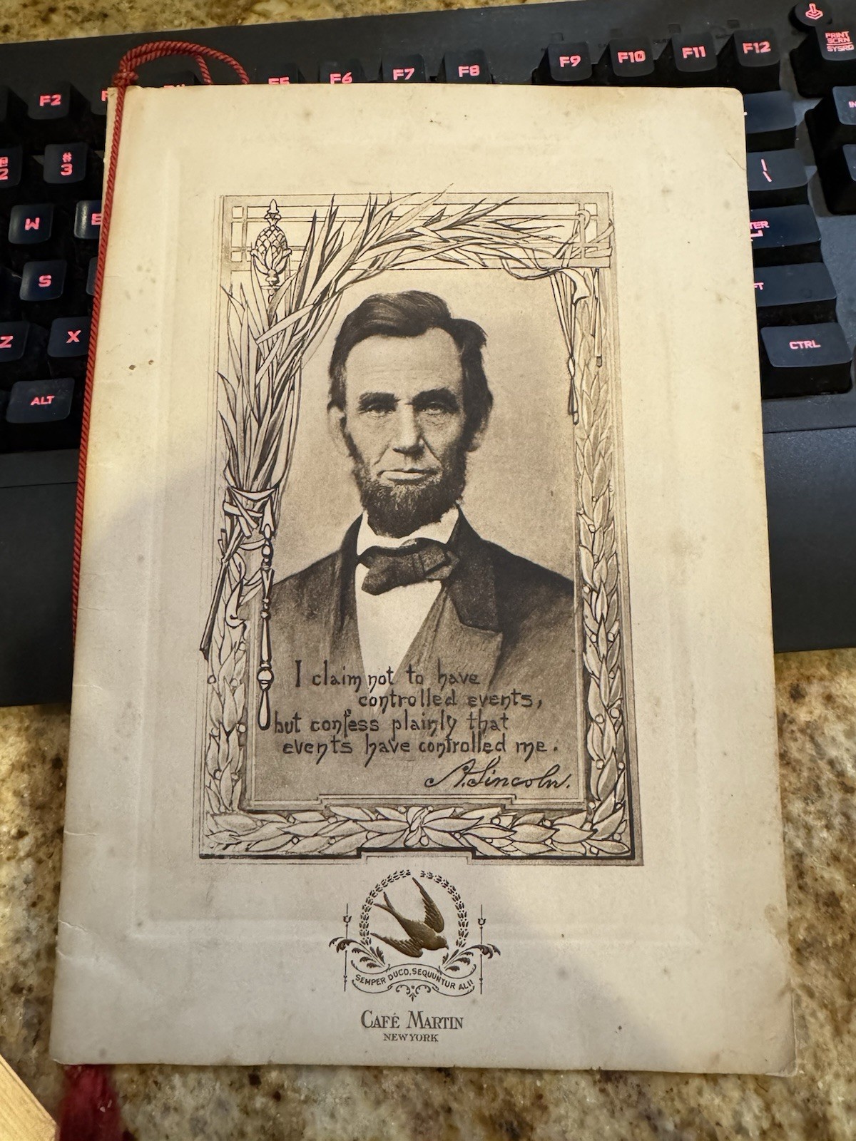 Rare VINTAGE CAFE MARTIN NEW YORK MENU FOR LINCOLN’S BIRTHDAY 1910 Rare VINTAGE CAFE MARTIN NEW YORK MENU FOR LINCOLN’S BIRTHDAY 1910