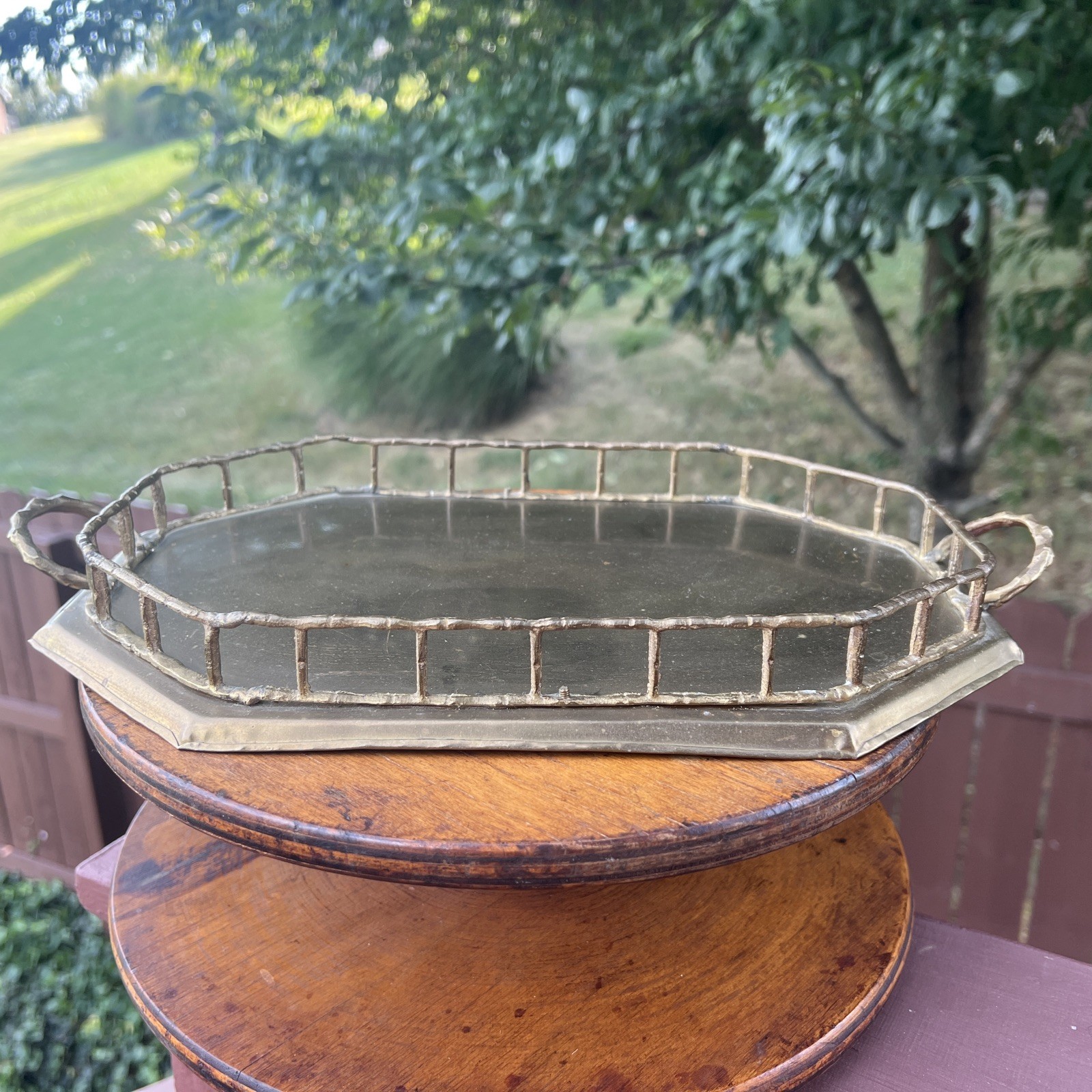 Vtg Hollywood Regency Faux Bamboo Brass Octagonal vanity Tray W/Handles 13 x 9 Vtg Hollywood Regency Faux Bamboo Brass Octagonal vanity Tray W/Handles 13 x 9