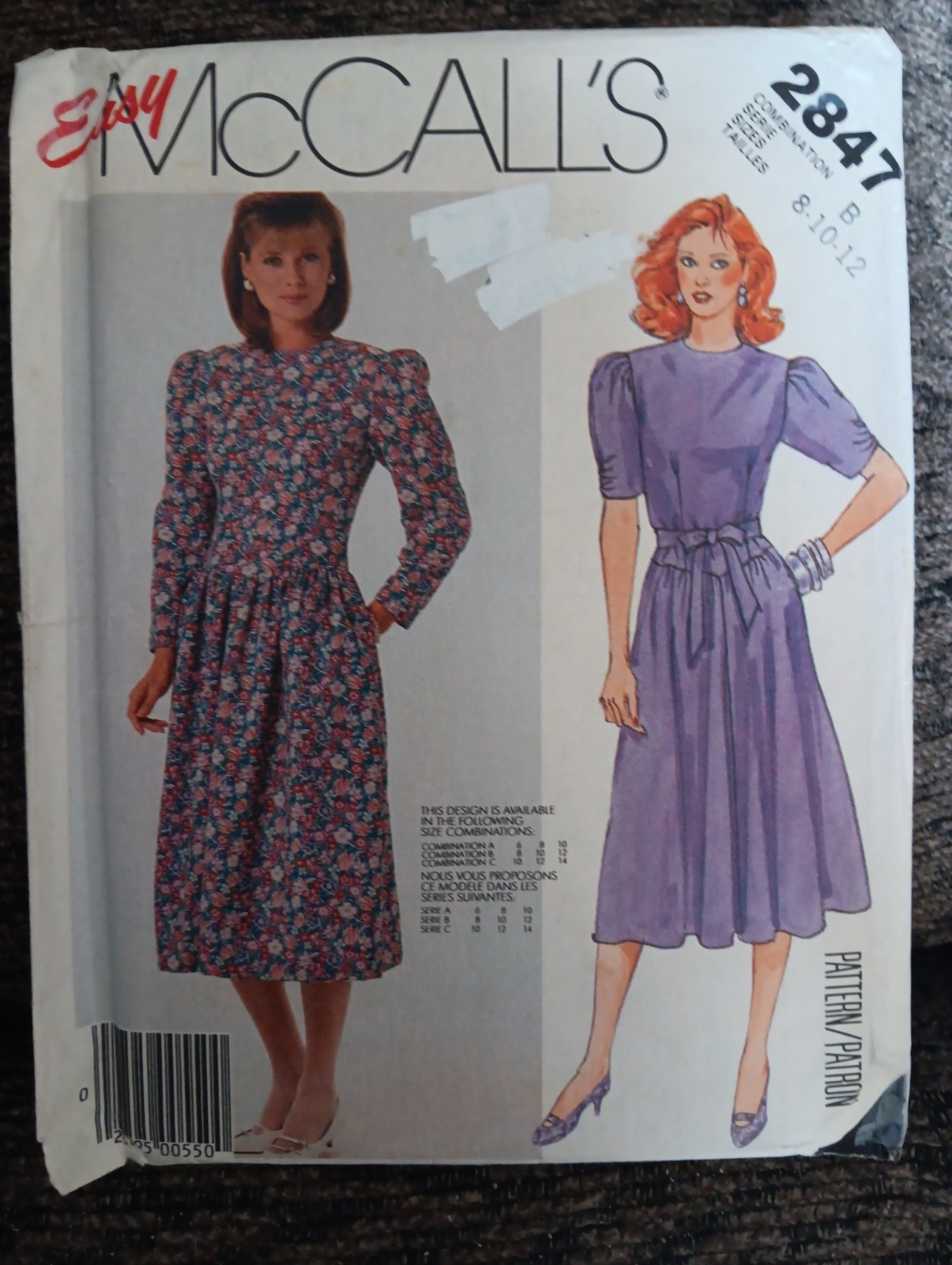 Vtg McCall's 2847 Misses' Dress & Tie Belt w/sleeve Variations-Size 8/10/12 NEW Vtg McCall's 2847 Misses' Dress & Tie Belt w/sleeve Variations-Size 8/10/12 NEW