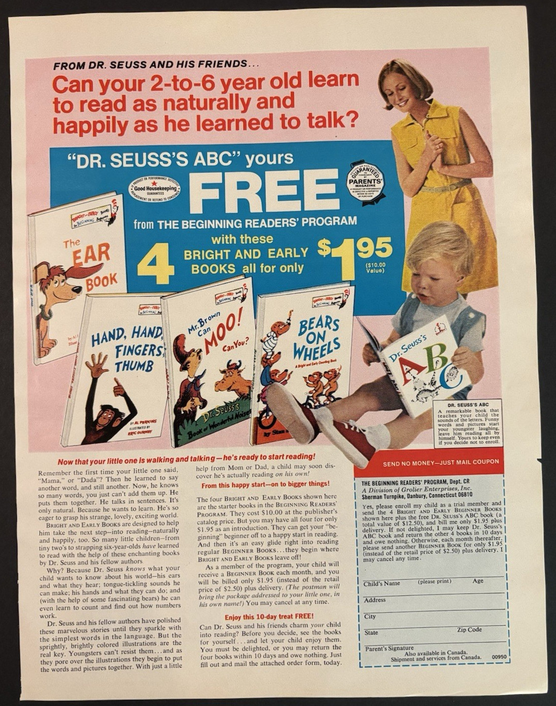 Vtg 1970s AD Dr. Seuss's Beginning Reading Program, Bear on Wheels, ABC Vtg 1970s AD Dr. Seuss's Beginning Reading Program, Bear on Wheels, ABC