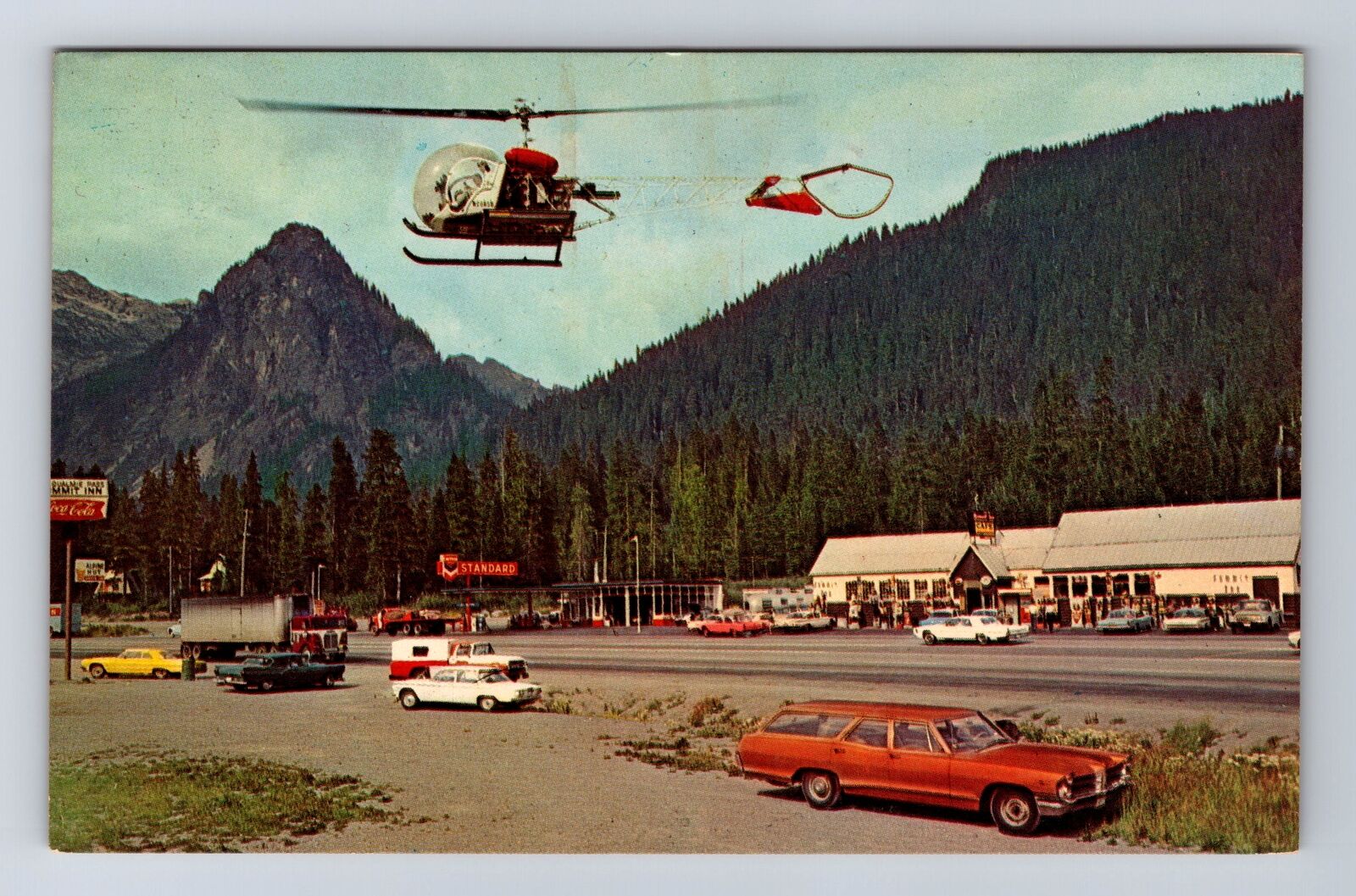 Snoqualmie Pass Summit WA-Washington, Coca-Cola, Helicopter, Vintage Postcard