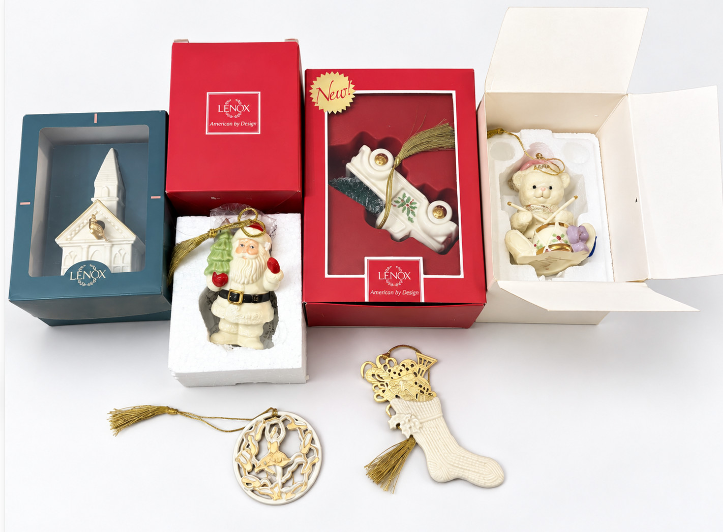 Lenox Christmas Ornament Lot of 6 Porcelain Santa Church Train Bear Gold Stockin