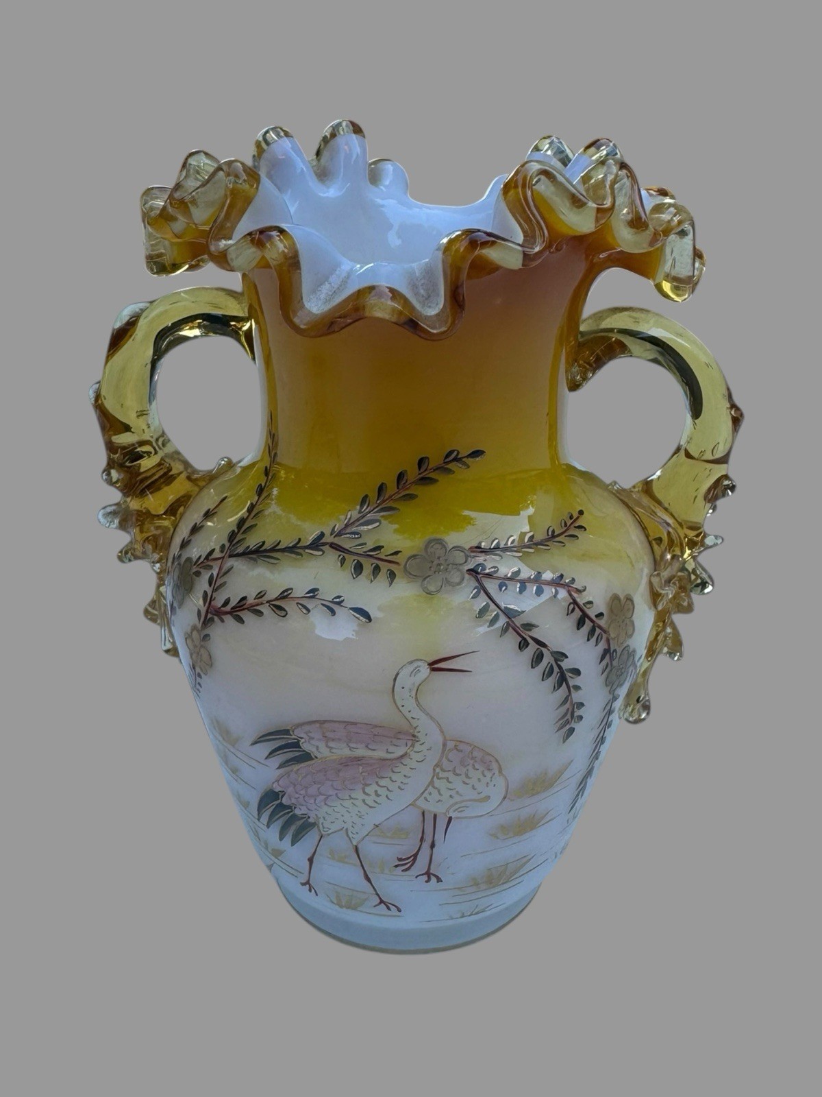 Antique Victorian Art Glass Vase Hand Painted Herons Ruffled Rim Applied Handles Antique Victorian Art Glass Vase Hand Painted Herons Ruffled Rim Applied Handles