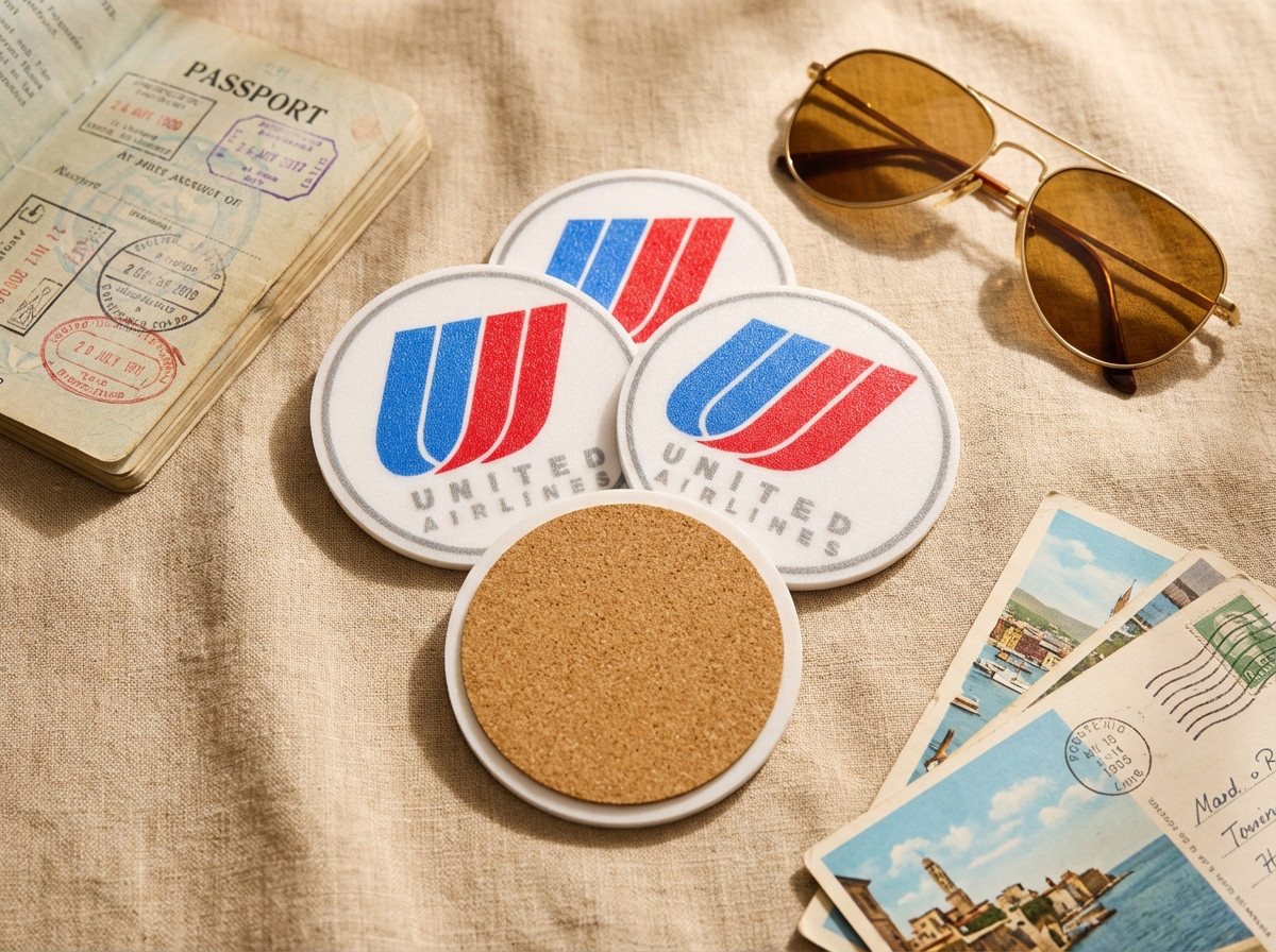 United Airlines Retro Tulip Logo Coasters Set (4) w/ Holder Vintage Decor United Airlines Retro Tulip Logo Coasters Set (4) w/ Holder Vintage Decor