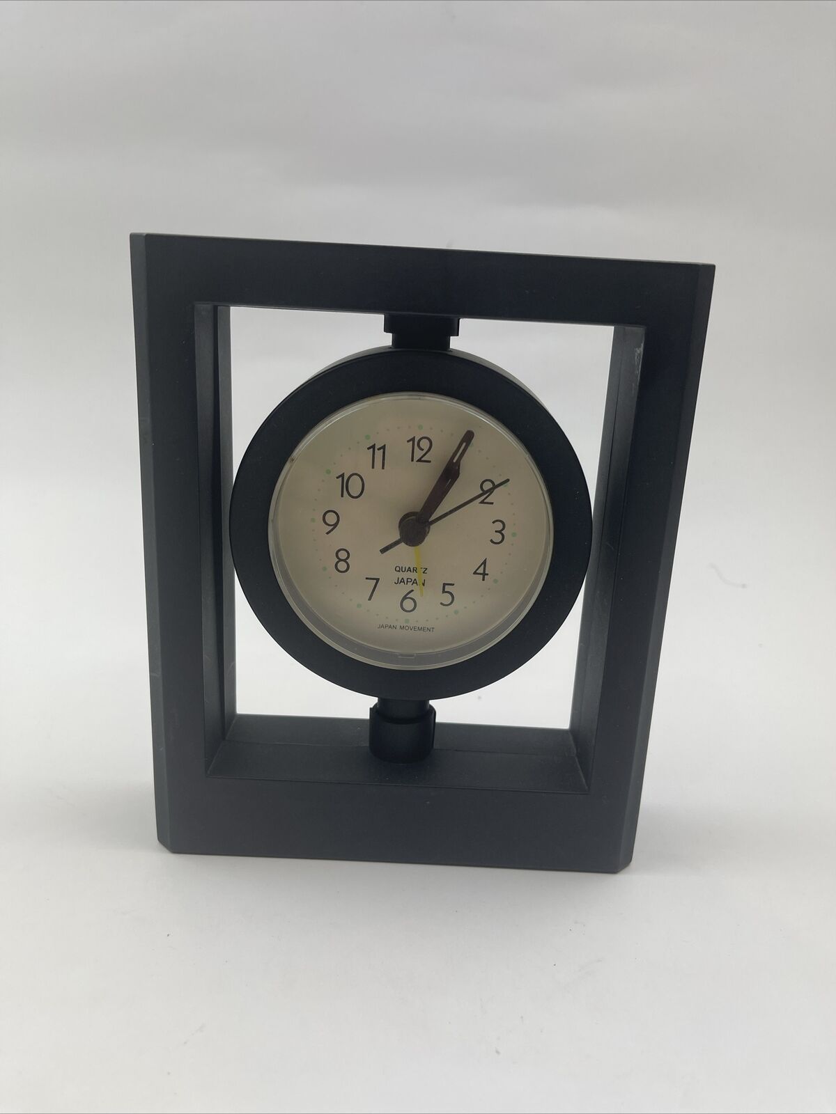 Small Black Desk Top Clock Alarm Quartz Japan movement Battery Swivels Tested