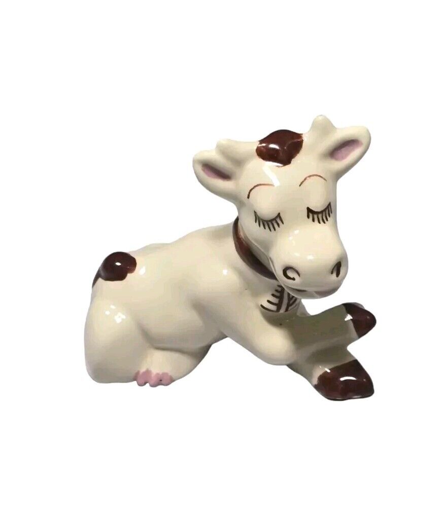Vintage Ceramic Pottery Whimsical Cow Laying Down Figurine