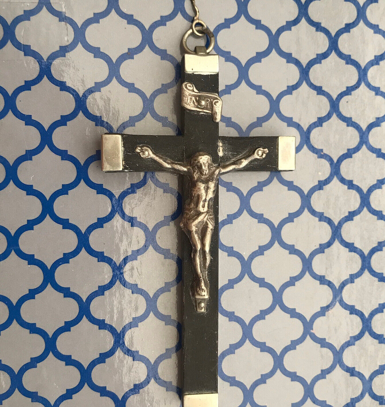 Antique French pectoral cross nickel inlaid wood 3” Silver Crucifix Wall