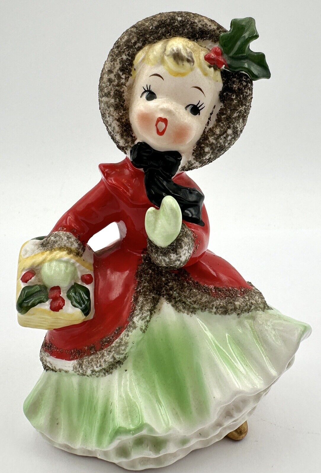 Vintage Napco Christmas Figurine Shopping Girl Basket Mica Trim AX2750/SB