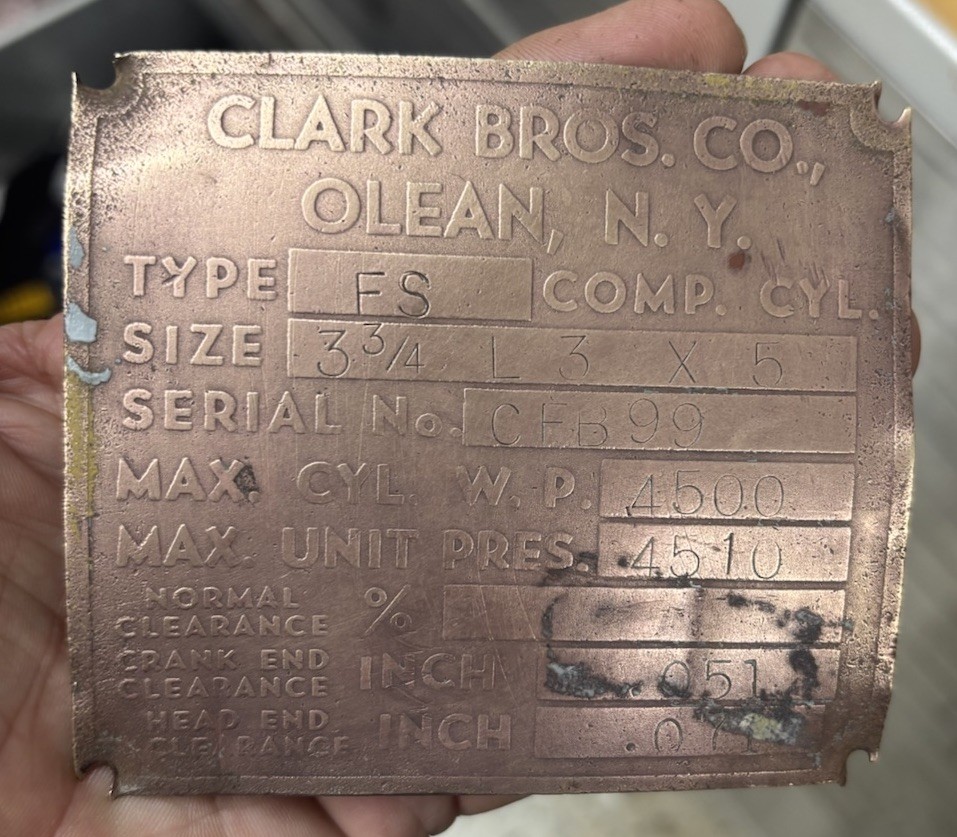 Brass gas compressor tag Clark Brothers Bros sign vintage oilfield Olean NY Brass gas compressor tag Clark Brothers Bros sign vintage oilfield Olean NY