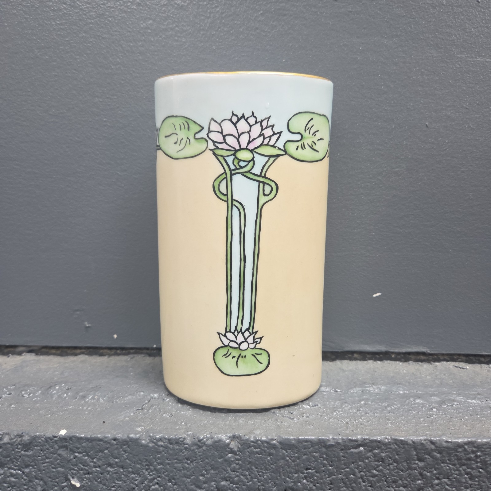 Antique Pirkenhammer Porcelain Cylinder Vase Hand Painted Art Nouveau Lotus Sign Antique Pirkenhammer Porcelain Cylinder Vase Hand Painted Art Nouveau Lotus Sign