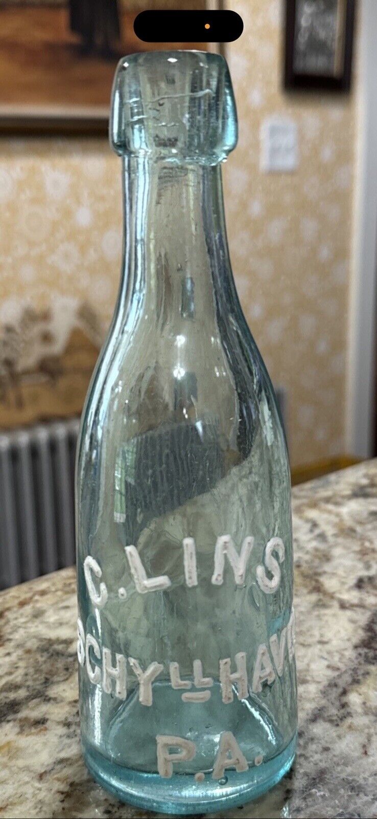 vintage embossed Aqua blob top bottle C.Lins Schy LL Haven Pa