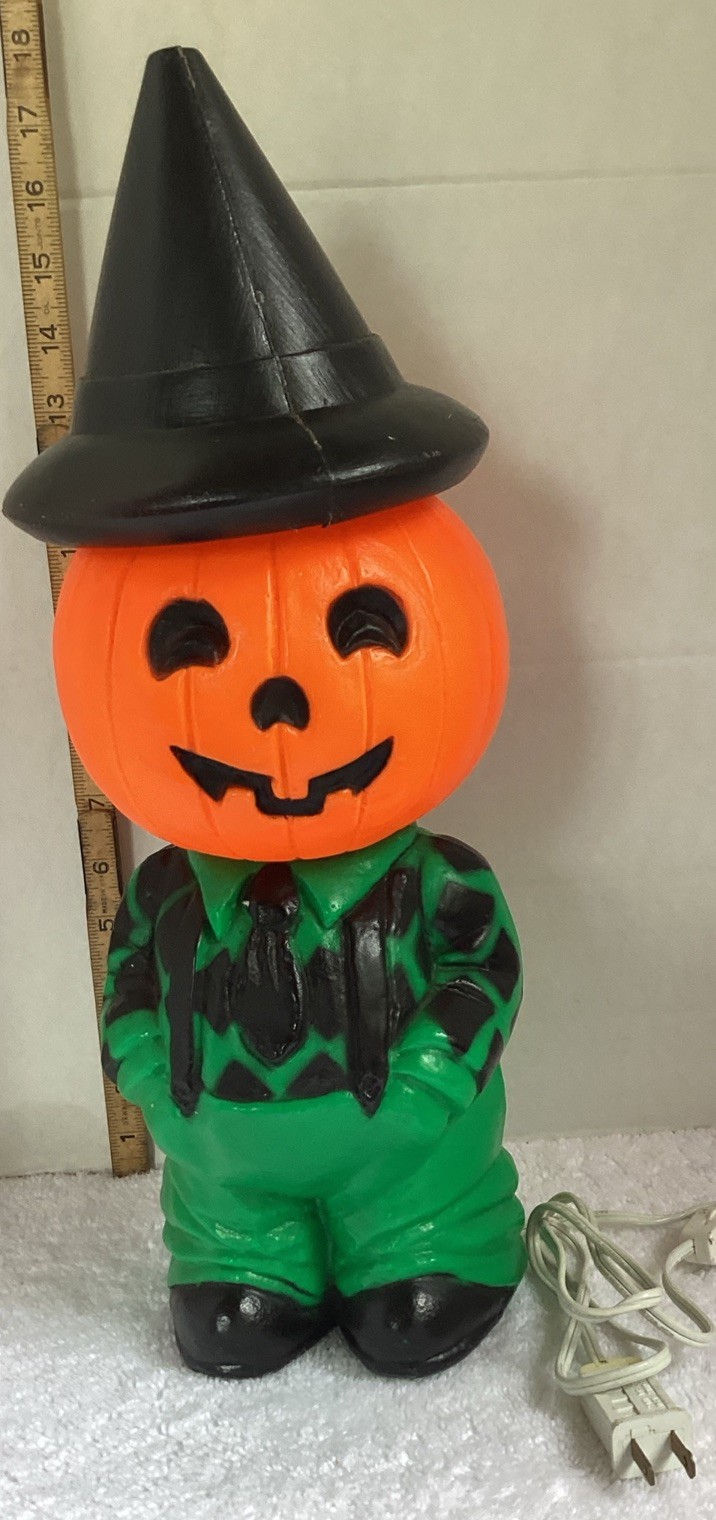 Halloween “Mr. Blinky Farmer” Pumpkin Boy Blow Mold – 13" Tall – With Hat & Cord