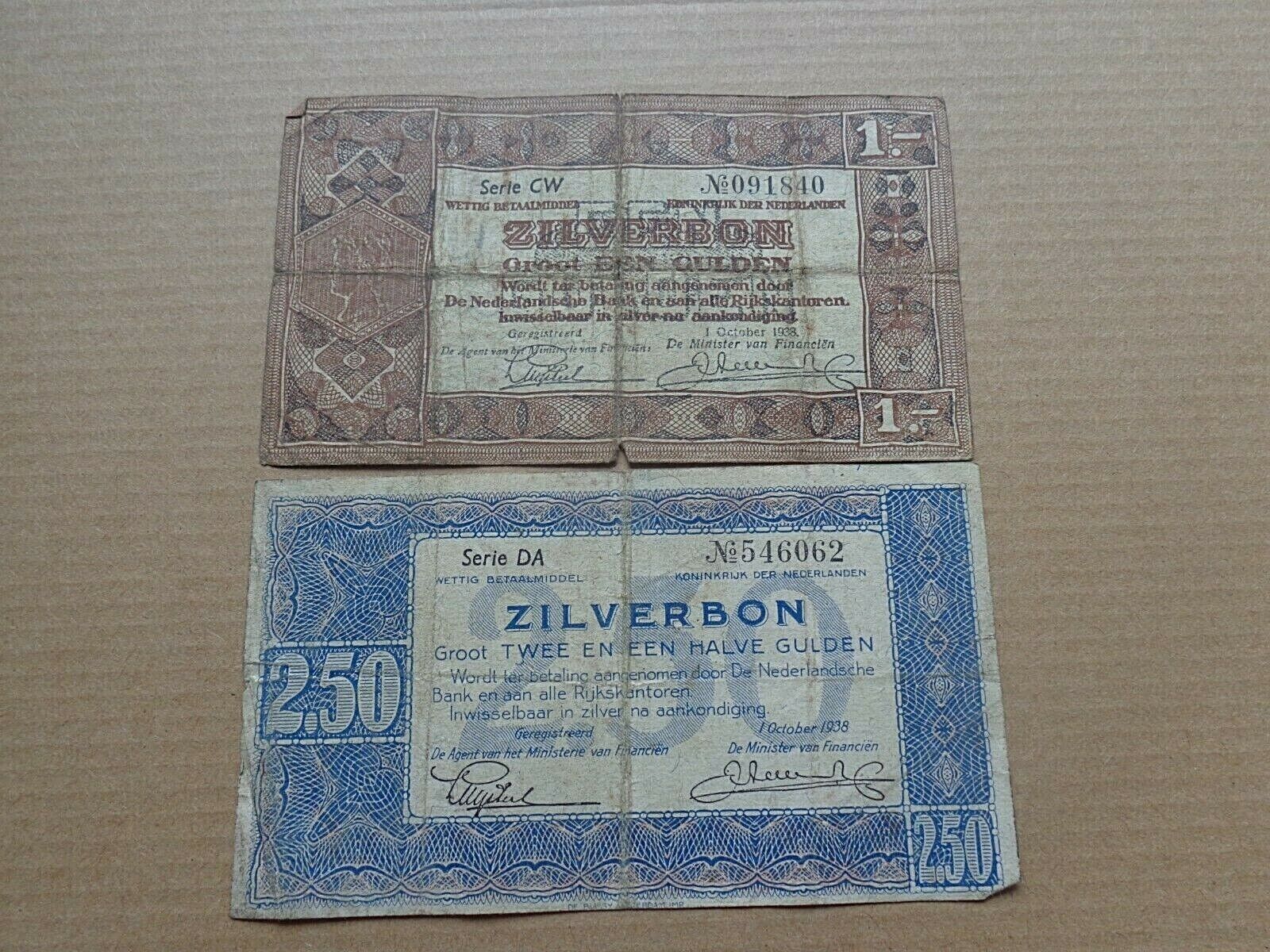 Netherlands banknotes 1938 - 1 and 2.5 Gulden Nederland 