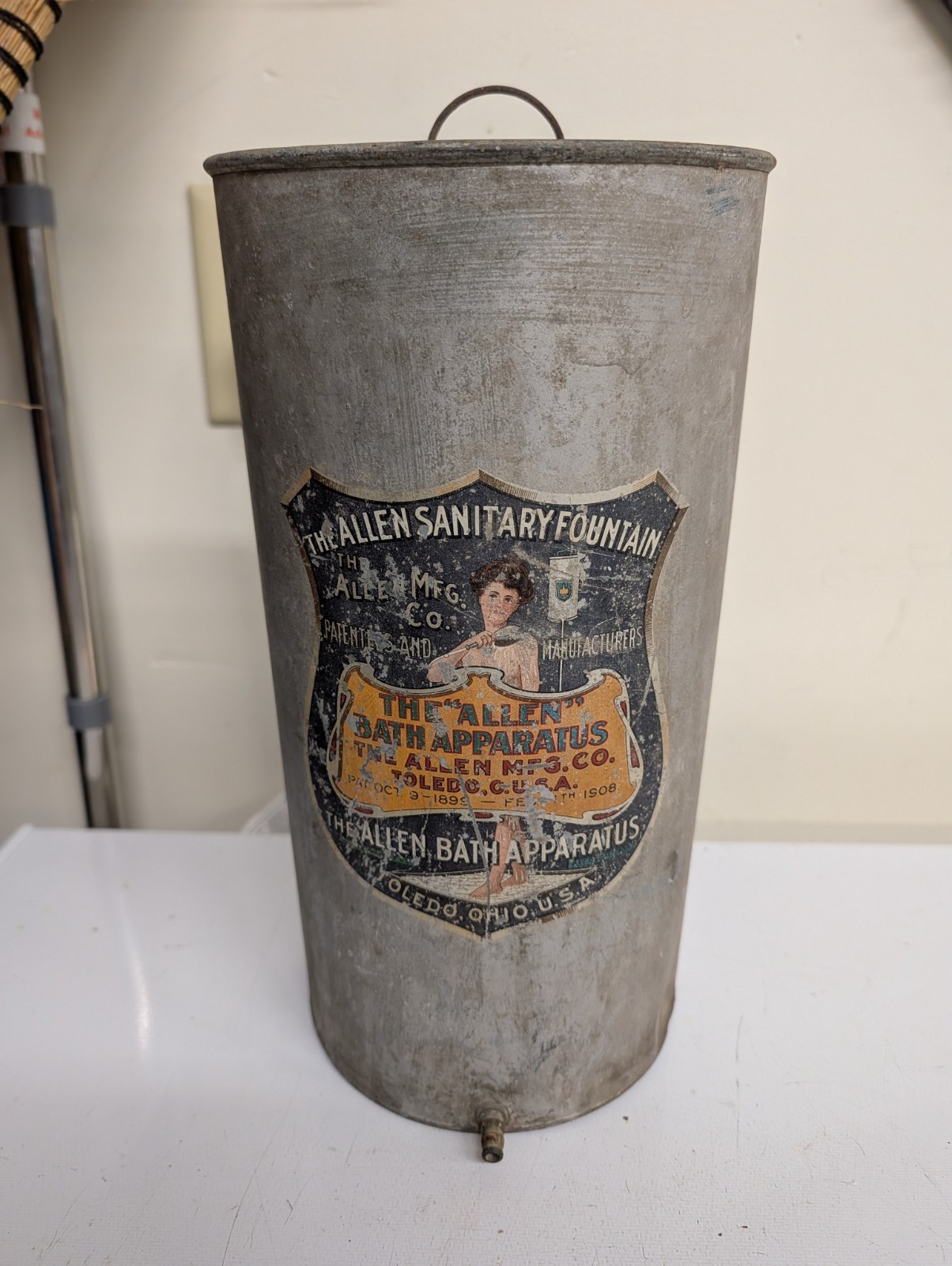 Antique 1908 The Allen Sanitary Fountain Bath Apparatus Canister Toledo Ohio