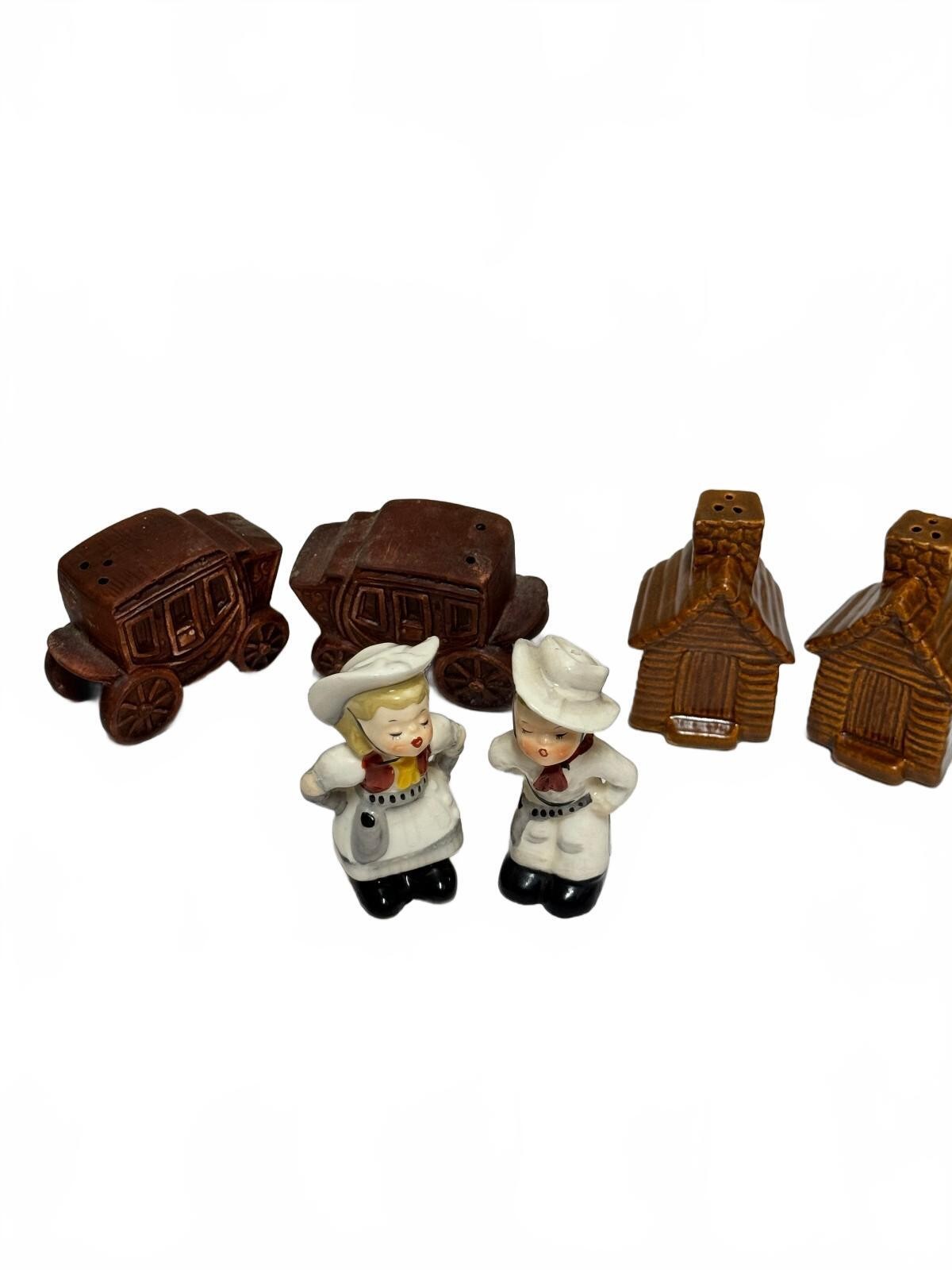 Vintage Mid Century Western Salt & Pepper Shaker Lot - Cowboy, Stagecoach, Cabin