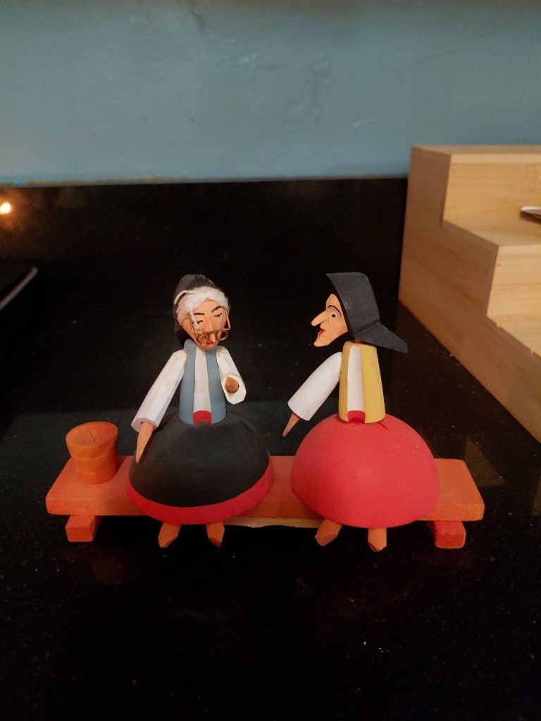 Hand Carved Painted Wood Romanian Folk Art Figurine two nuns setting on a bench