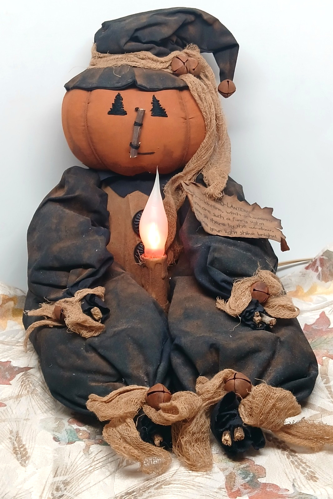 Pumpkin Head "Witch O Lantern " Lighted / Lamp Primitive Halloween Folk Art