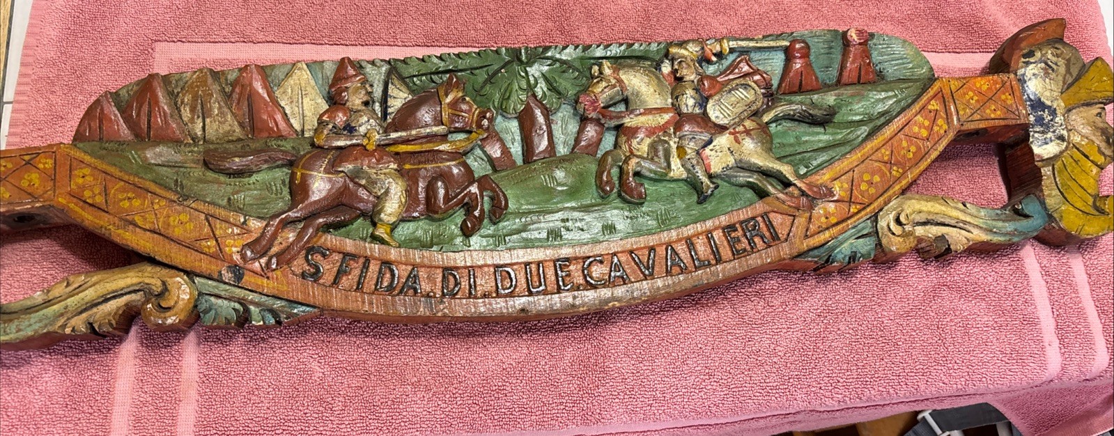 Antique 19th century Sicily Carved Wood Jousting Scene 35" Long Antique 19th century Sicily Carved Wood Jousting Scene 35" Long