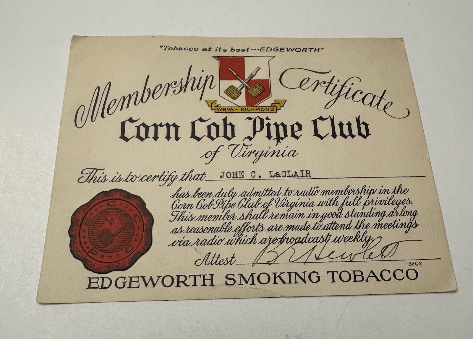Vintage Edgeworth Smoking Tobacco Trade Card Corn Cob Pipe Club Certificate VA