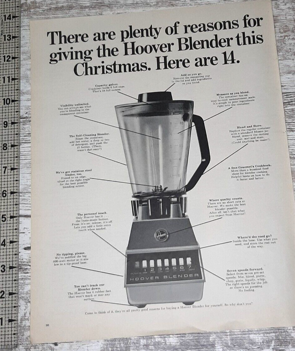 1966 Hoover Blender Vintage Print Ad Self Cleaning Christmas Gift Kitchen B&W 1966 Hoover Blender Vintage Print Ad Self Cleaning Christmas Gift Kitchen B&W