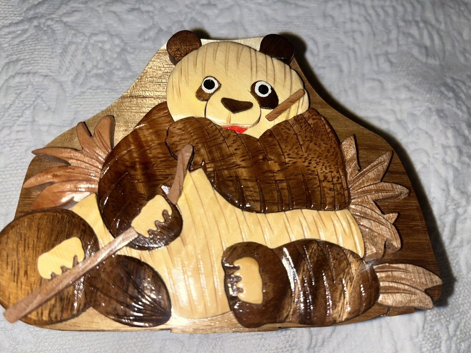 Panda Bear Handmade Puzzle Jewelry Box 3D Wooden Hand Carved Wood